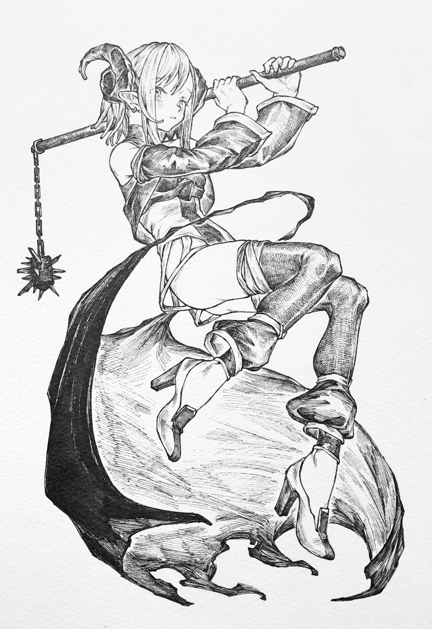 1girl absurdres bangs black_legwear blush breasts earrings flail from_below full_body greyscale hands_up high_heels highres holding holding_weapon horns jewelry mashimashi medium_hair monochrome original pointy_ears sidelocks simple_background small_breasts solo traditional_media weapon white_background