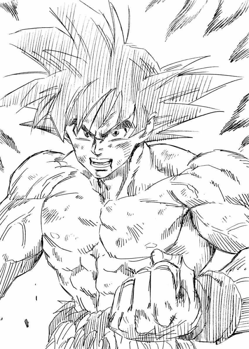 1boy abs black_eyes black_hair clenched_hand commentary_request dirty dirty_clothes dirty_face dragon_ball dragonball_z fighting_stance fingernails frown highres lee_(dragon_garou) looking_at_viewer male_focus monochrome muscle nipples open_mouth shirt shirtless son_gokuu spiked_hair teeth torn_clothes torn_shirt upper_body veins wristband