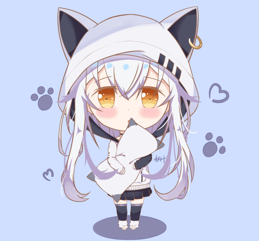 :o absurdres animal_ears animal_hood azuma_lim azuma_lim_channel bangs barefoot black_skirt blue_background blush brown_eyes cat_ears cat_hood chibi commentary_request ear_piercing eyebrows_visible_through_hair full_body hair_between_eyes heart highres hood hood_up hooded_jacket jacket leg_warmers liang_feng_qui_ye long_hair parted_lips piercing pillow pillow_hug pleated_skirt silver_hair skirt solo standing very_long_hair virtual_youtuber white_jacket