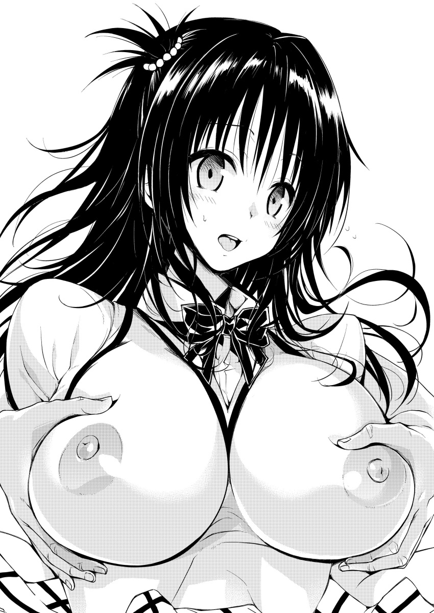 1girl absurdres breast_grab breasts grabbing highres large_breasts long_hair monochrome nipples samucha to_love-ru to_love-ru_darkness yuuki_mikan