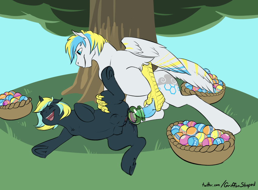 absurd_res anal anal_penetration avian basket cirrus_sky dildo easter easter_basket easter_egg egg egg_insertion electro_current_(oc) equid etchpony eye_contact fan_character female feral hi_res hippogryph holidays horn looking_at_another lying male male/female mammal my_little_pony nipples nude on_side penetrable_sex_toy penetration sex sex_toy smile spread_legs spreading teats toying_partner tree unicorn