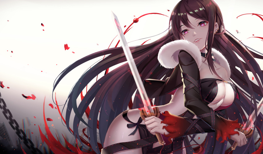 1girl aura bangs bare_shoulders black_dress braid breasts brown_hair center_opening chains choker collarbone commentary consort_yu_(fate) dress dual_wielding ear_piercing earrings fate/grand_order fate_(series) fur_trim hair_between_eyes highres holding jewelry l.bou long_hair long_sleeves looking_at_viewer medium_breasts navel piercing red_eyes revealing_clothes sidelocks solo strapless strapless_dress sword very_long_hair weapon