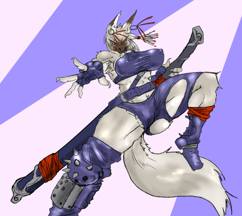 5_fingers :q anthro athletic belt boots breasts canid canine canis claws clothed clothing ear_piercing ear_ring feda:_the_emblem_of_justice female footwear gloves ketsuneko looking_at_viewer mammal melee_weapon midriff muscular muscular_female piercing pink_eyes scabbard shelly_laqusomacus simple_background smile sword tongue weapon wolf