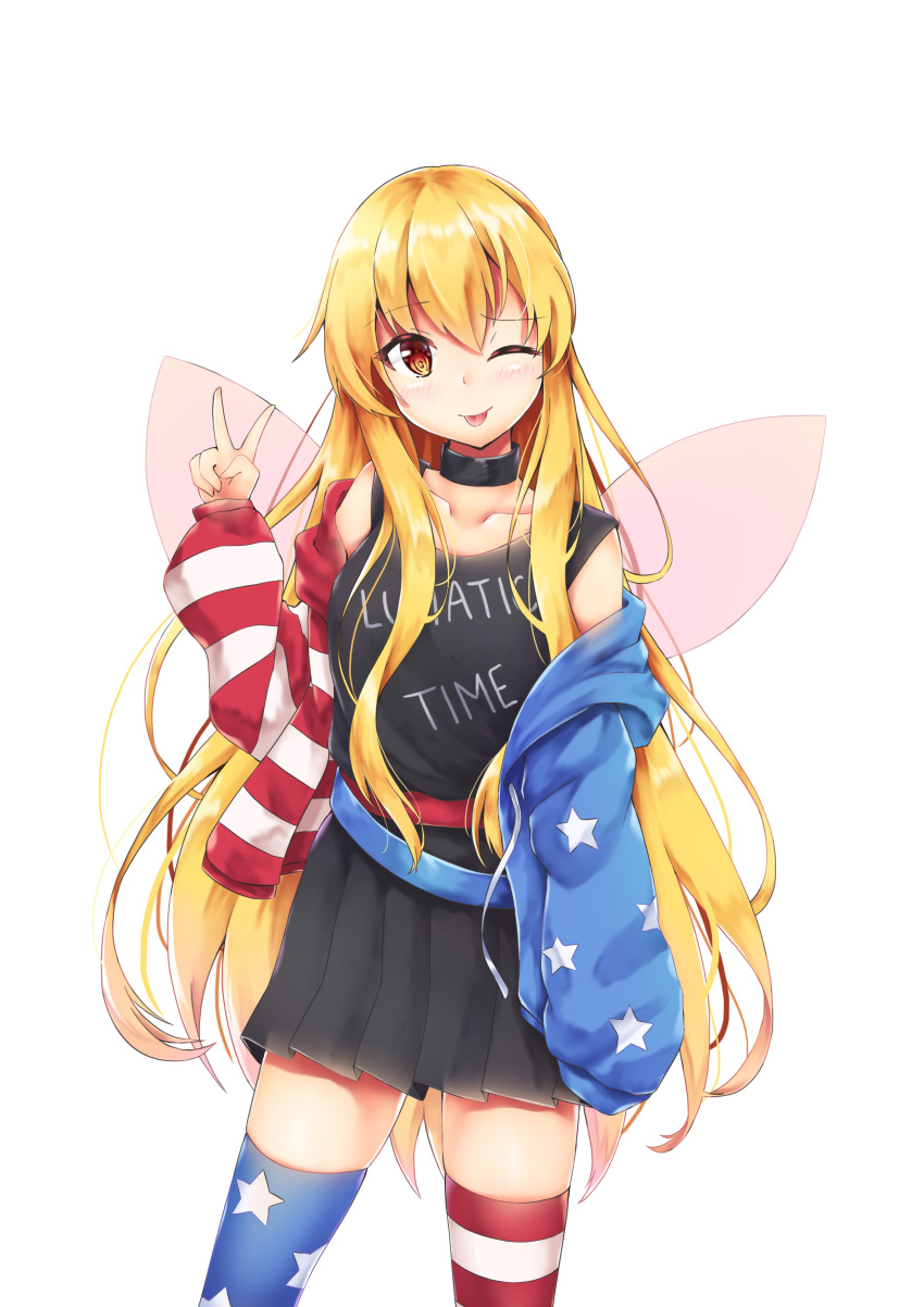 1girl ;p absurdres adapted_costume akiteru98 american_flag_jacket american_flag_legwear bangs bare_shoulders belt black_choker black_dress blonde_hair blue_belt blue_jacket blue_legwear blush breasts choker clothes_writing clownpiece collarbone commentary_request cosplay cowboy_shot dress eyebrows_visible_through_hair fairy_wings hair_between_eyes hand_up hecatia_lapislazuli hecatia_lapislazuli_(cosplay) highres hood hooded_jacket jacket long_hair long_sleeves looking_at_viewer mismatched_legwear no_hat no_headwear off_shoulder one_eye_closed open_clothes open_jacket pleated_dress red_belt red_eyes red_jacket red_legwear short_dress sidelocks simple_background sleeveless sleeveless_dress small_breasts solo standing star star_print striped striped_jacket striped_legwear thighhighs thighs tongue tongue_out touhou v very_long_hair white_background white_jacket white_legwear wings zettai_ryouiki