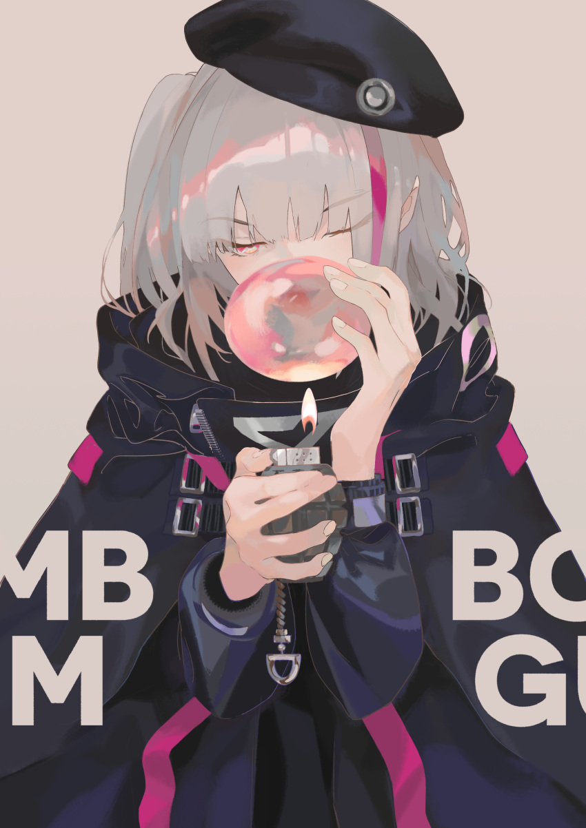 1girl absurdres bangs beret black_headwear chewing_gum commentary_request dc_(12696462) eyebrows_visible_through_hair girls_frontline hat highres holding_lighter lighter long_sleeves mdr_(girls_frontline) multicolored_hair one_eye_closed pink_hair silver_hair solo streaked_hair two-tone_hair upper_body