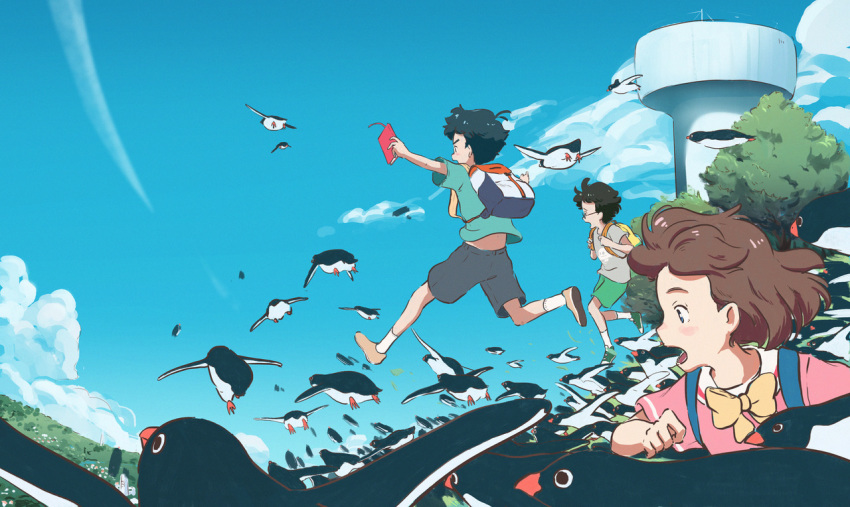 1girl 2boys aoyama-kun_(penguin_highway) backpack bag bird black_hair blue_sky bow brown_footwear brown_hair child cloud day green_footwear multiple_boys outdoors penguin penguin_highway shirt shoes short_hair short_sleeves shorts sky socks t-shirt tree uchida-kun_(penguin_highway) yellow_bow