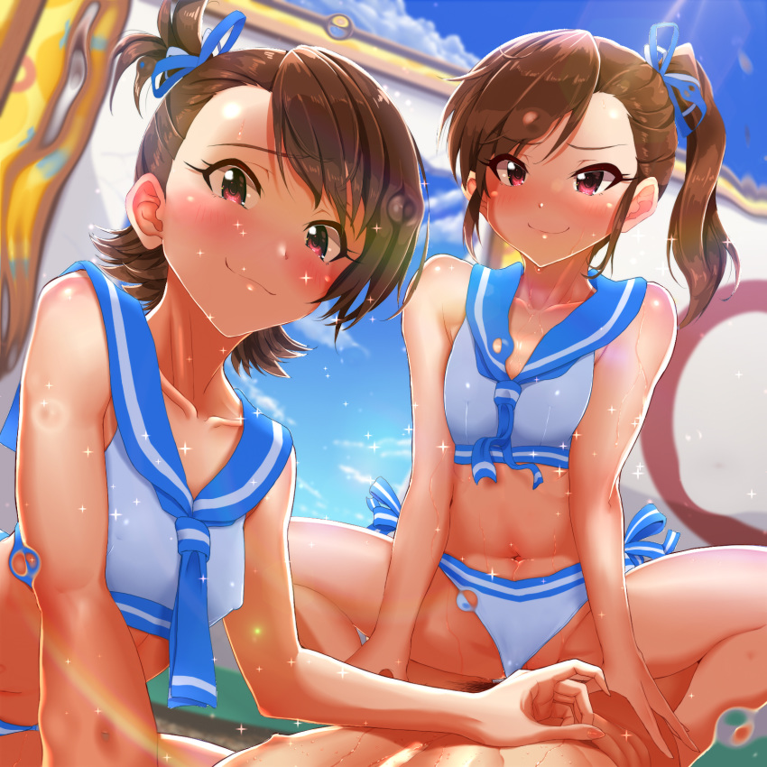 1boy 2girls areolae bangs bikini bikini_aside blue_bikini blush breasts brown_eyes brown_hair convenient_censoring cowgirl_position day eyebrows_visible_through_hair futami_ami futami_mami girl_on_top hair_between_eyes hair_ornament hetero highres idolmaster idolmaster_(classic) kirewisha long_hair looking_at_viewer multiple_girls nipples one_side_up outdoors pubic_hair red_eyes sex short_hair short_sleeves siblings side-tie_bikini side_ponytail sisters small_breasts smile socks sparkle straddling sweat swimsuit twins vaginal wet