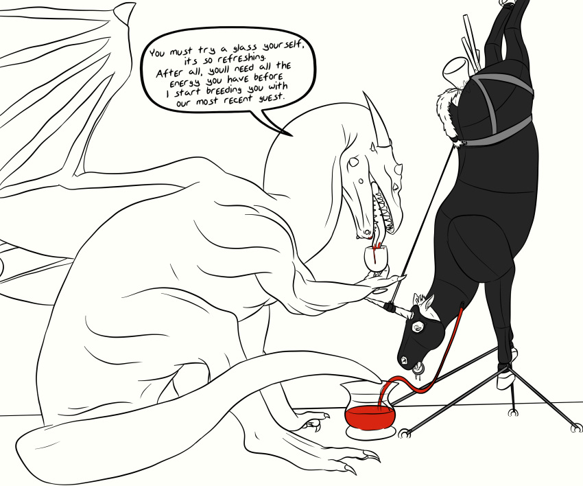 2019 absurd_res anal anal_penetration bdsm blood bodysuit bondage bound clothing dialogue digital_drawing_(artwork) digital_media_(artwork) dragon drinking_blood duo english_text equid equine female feral hair hi_res horn lionsilverwolf male mammal membranous_wings open_mouth penetration piercing scalie simple_background skinsuit teeth text tight_clothing tongue torture unicorn vaginal vaginal_penetration wings