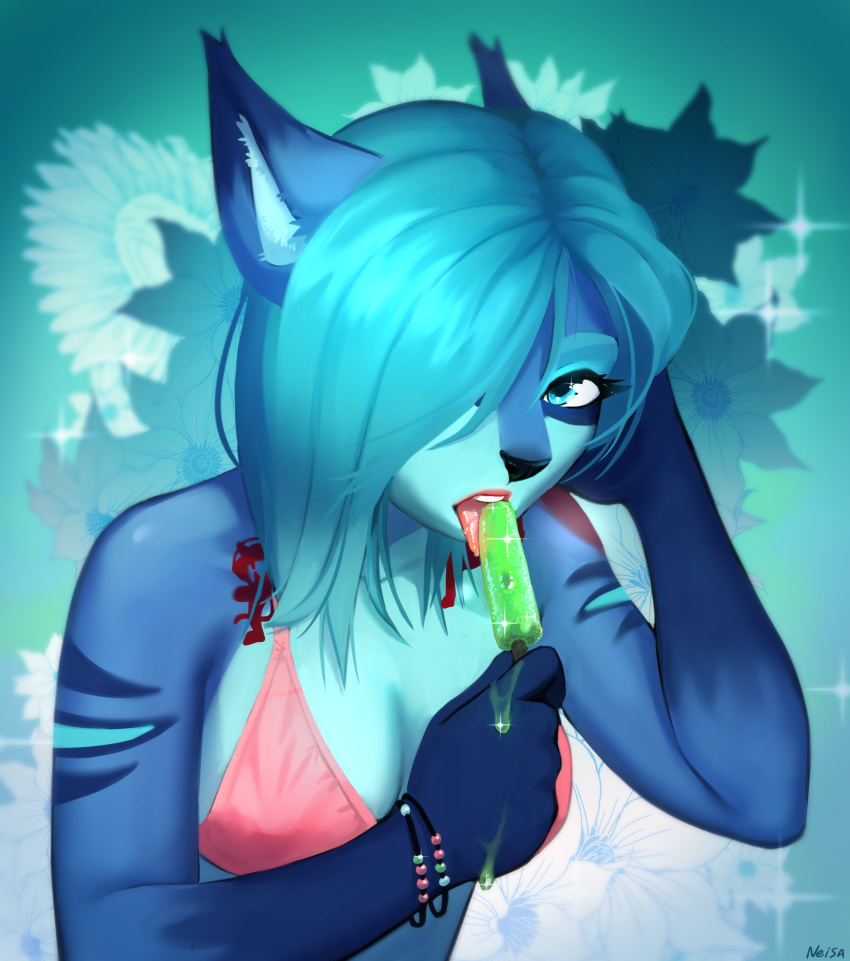 2019 absurd_res anthro bikini blue_fur blue_hair bracelet breasts clothed clothing digital_media_(artwork) domestic_cat felid feline felis female food fur hair hi_res jewelry looking_at_viewer lynx mammal neisa nipple_outline open_mouth popsicle solo suggestive suggestive_food swimwear tattoo vasta