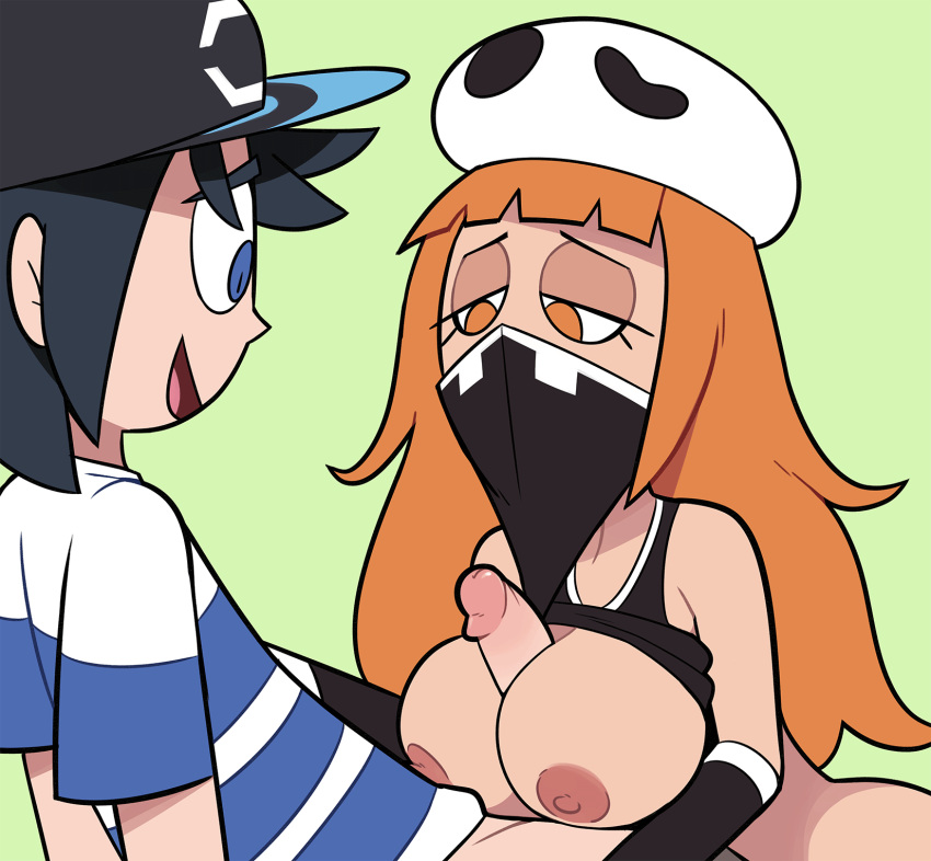 1boy 1girl black_hair blue_eyes breasts breasts_outside eyelashes female hat highres looking_at_penis looking_down male male_protagonist_(pokemon_sm) mask miscon nervous_smile nintendo nipples orange_eyes orange_hair paizuri penis pokemon pokemon_(anime) pokemon_(game) pokemon_sm skull_hat striped striped_shirt tank_top tank_top_lift team_skull team_skull_grunt video_games you_(pokemon_sm)