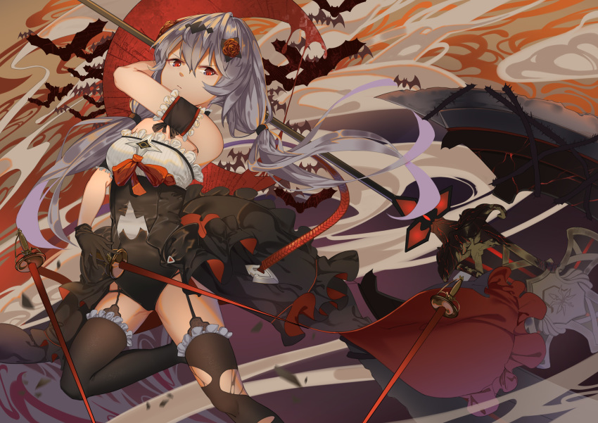 bodysuit garter_belt gloves gray_hair honkai_impact kray._(k-ray) long_hair red_eyes stockings sword theresa_apocalypse thighhighs torn_clothes twintails weapon