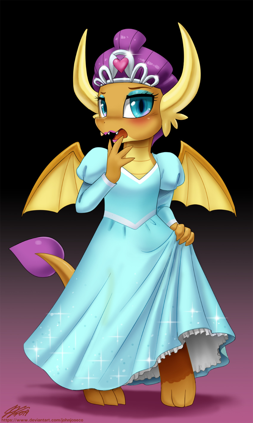 blue_eyes blue_eyeshadow blush clothing crown dragon dress eyeshadow fangs female friendship_is_magic hi_res john_joseco lipstick makeup my_little_pony pose slit_pupils smolder_(mlp) sparkles tiara