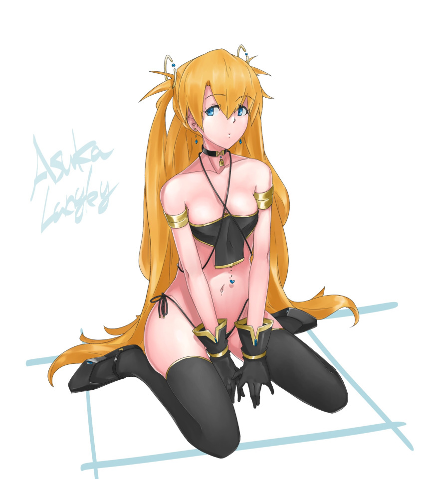 1girl armlet between_legs black_bra black_footwear black_gloves black_legwear black_panties blonde_hair blue_eyes bra bracelet breasts character_name choker cleavage collarbone earrings full_body gloves hair_between_eyes hair_ornament hand_between_legs highres jewelry konbari_tariumu long_hair looking_away navel neon_genesis_evangelion panties pumps side-tie_panties simple_background sitting small_breasts solo soryu_asuka_langley strapless strapless_bra thighhighs twintails underwear underwear_only very_long_hair wariza white_background