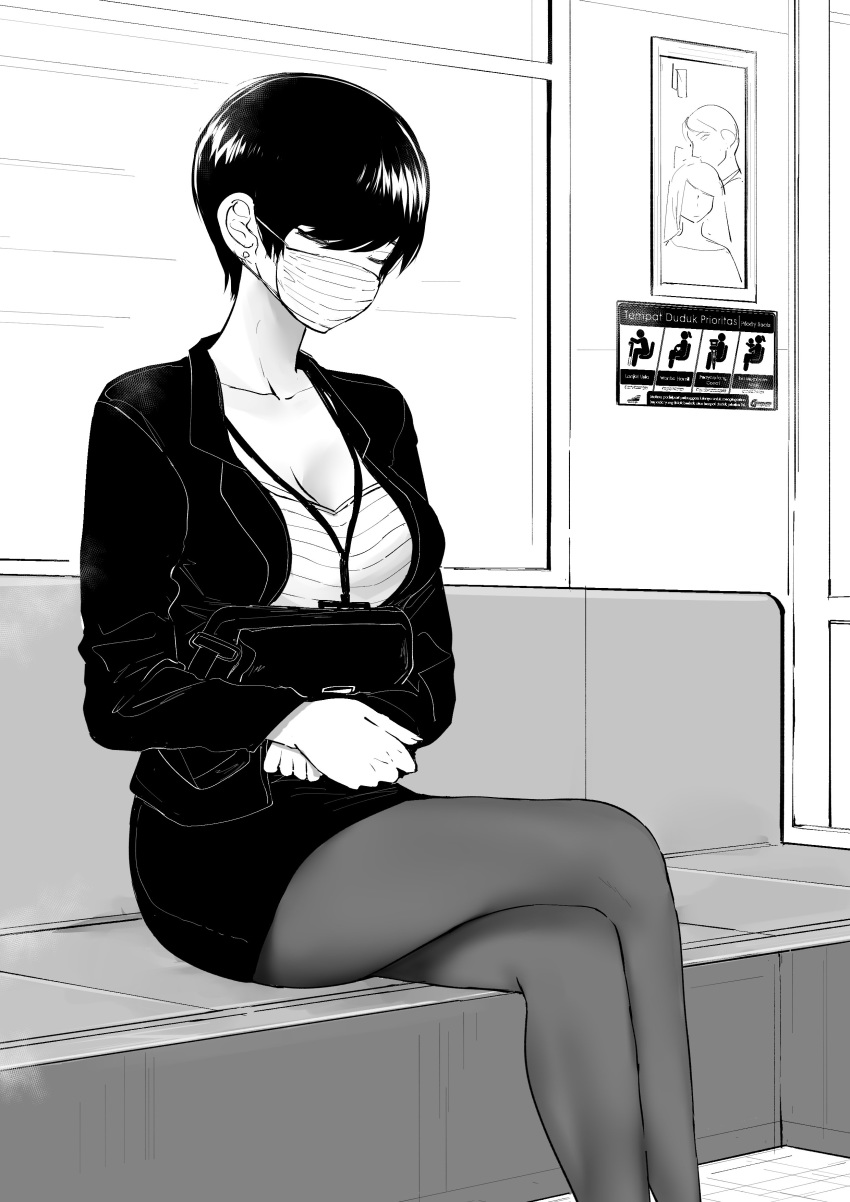 1girl absurdres bag earrings eyes_closed greyscale handbag highres jacket jewelry lanyard legs_crossed monochrome norman_maggot office_lady olive_laurentia original pantyhose pencil_skirt pixie_cut short_hair sitting skirt sleeping sleeping_upright solo surgical_mask train_interior