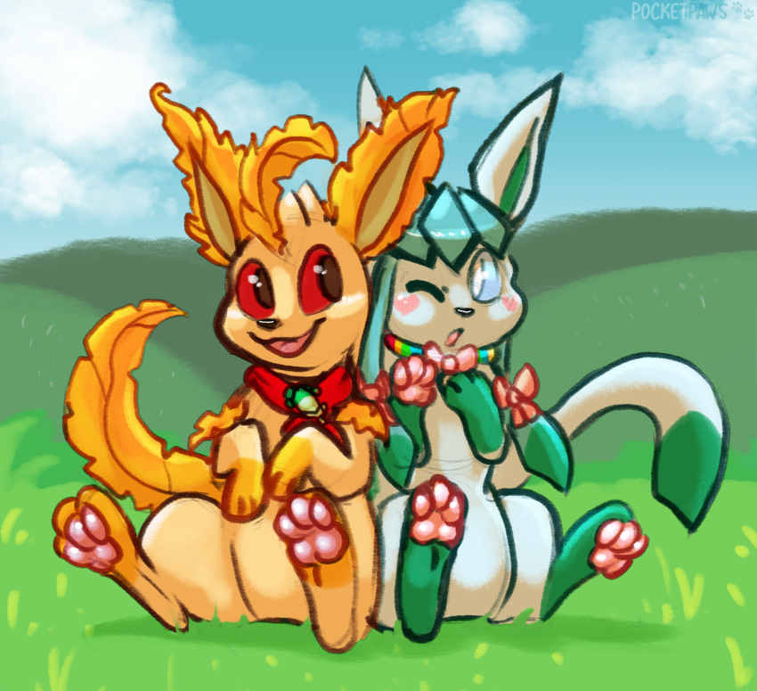 2019 alternate_color ambiguous_gender black_nose blue_eyes blue_sky canid cloud day digital_media_(artwork) dipstick_tail duo eeveelution fan_character feral front_view fur glaceon glacey grass green_fur green_tail leafeon mammal multicolored_fur multicolored_tail nintendo one_eye_closed open_mouth orange_fur orange_tail outside pawpads pink_pawpads pocketpaws pok&eacute;mon pok&eacute;mon_(species) quadruped red_eyes signature sitting sky smile tan_fur two_tone_fur two_tone_tail video_games white_fur white_tail wink