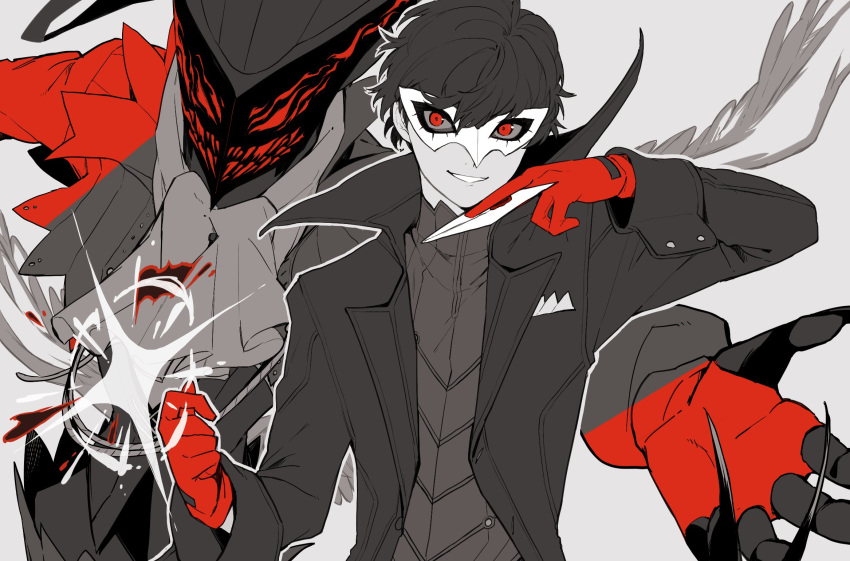 1boy amamiya_ren arsene_(persona_5) black_hair card chains gloves hat highres kinagi_(3307377) looking_at_viewer male_focus mask monochrome nintendo persona persona_5 red_eyes red_gloves short_hair smile solo super_smash_bros. top_hat weapon wings