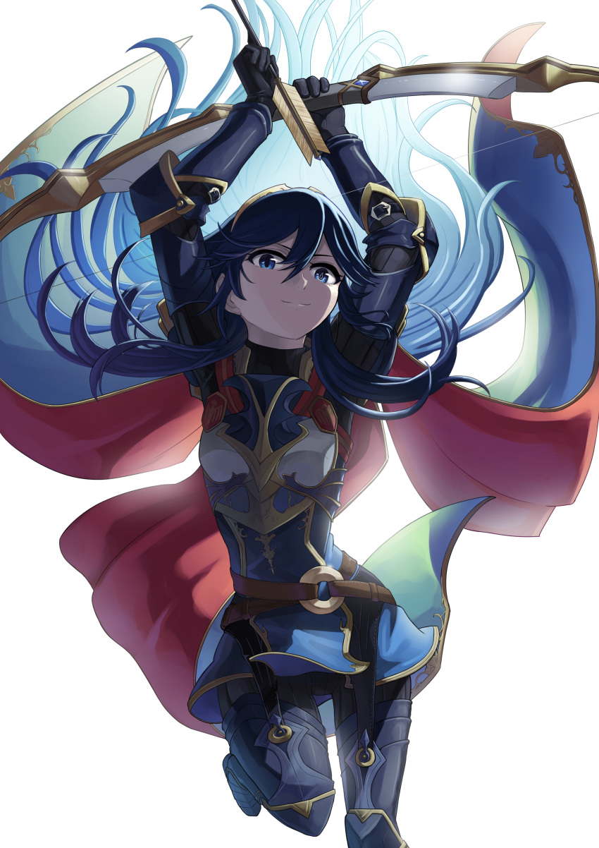 1girl absurdres armor armored_boots arms_up arrow belt black_gloves blue_eyes blue_hair bodysuit boots bow_(weapon) cape cowboy_shot fire_emblem fire_emblem:_kakusei fire_emblem_heroes floating_hair gauntlets gloves hair_between_eyes highres long_hair looking_at_viewer lucina nintendo ribbed_bodysuit simple_background solo sumire_l.a. tiara turtleneck weapon white_background