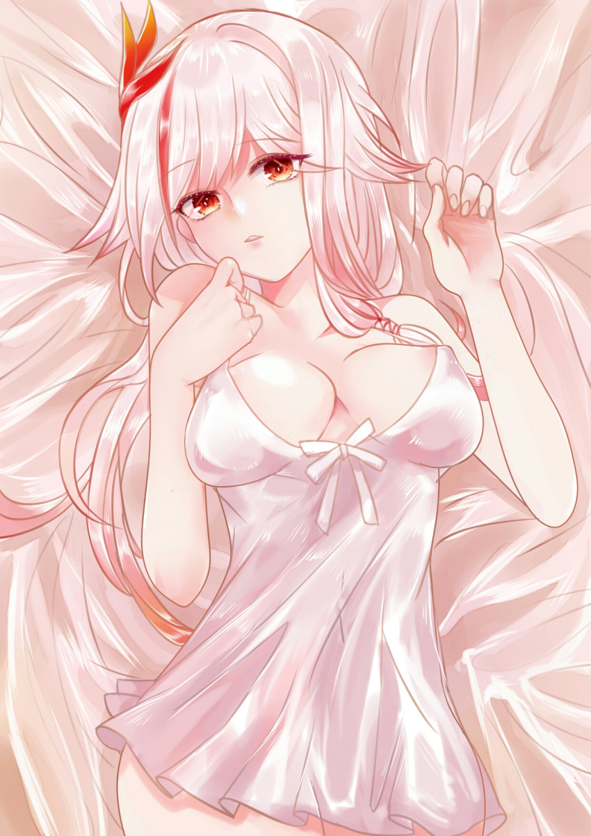 1girl areola_slip areolae bed_sheet blush breasts cleavage commentary_request covered_nipples duwu_qian_xun_meng fu_hua fu_hua_(phoenix) gradient_hair hair_between_eyes hand_to_own_mouth highres honkai_(series) honkai_impact_3 long_hair looking_at_viewer lying medium_breasts multicolored_hair nightgown on_back on_bed parted_lips red_eyes red_hair silver_hair solo streaked_hair