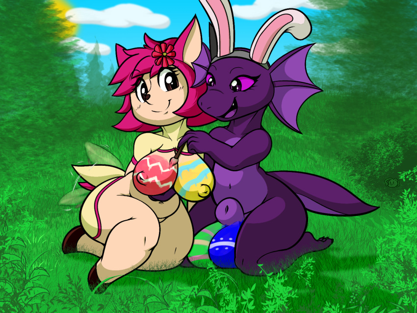 2019 4:3 animal_genitalia anthro anthrofied balls big_balls big_breasts bodypaint breasts deerling duo easter egg fake_ears fake_rabbit_ears female flower frill girly hair holidays hooves horae_deerling horn huge_balls kneeling kobold male nintendo nipples paint plant plūm_rhazin pok&eacute;mon pok&eacute;mon_(species) puffdraws sheath short_hair short_stack tailwag thick_thighs video_games wide_hips