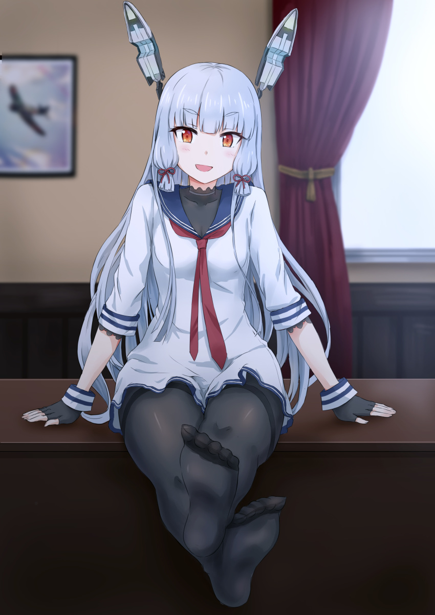 1girl absurdres bangs black_gloves black_legwear blunt_bangs dress feet fingerless_gloves gloves hair_ribbon headgear highres indoors kantai_collection long_hair murakumo_(kantai_collection) necktie no_shoes orange_eyes pantyhose red_neckwear ribbon sailor_dress short_eyebrows sidelocks silver_hair sitting soles solo thighband_pantyhose toes tress_ribbon yinzhai