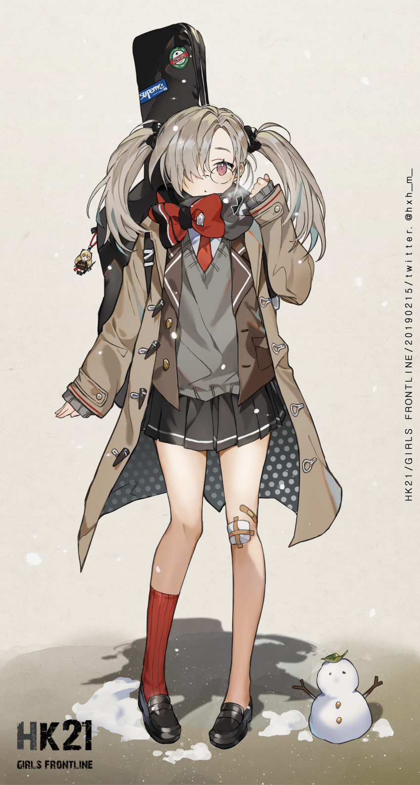 1girl absurdres arm_up artist_request bandaid bandaid_on_knee bow bowtie doll fog g3_(girls_frontline) girls_frontline glasses guitar_case hair_over_one_eye highres hk21_(girls_frontline) instrument_case jacket keychain looking_at_viewer necktie scarf school_uniform skirt snow snowman solo sweater_vest twintails vest