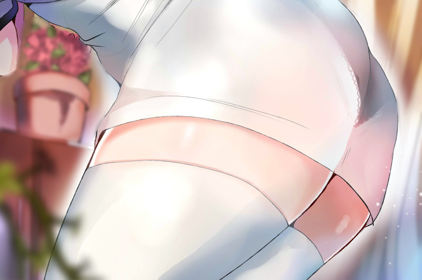 1girl ass bent_over black_panties blurry blurry_background character_request close-up commentary_request copyright_request flower flower_pot highres legs_together panties pantylines pencil_skirt red_flower satoupote see-through skirt solo thighhighs thighs underwear white_legwear white_skirt zettai_ryouiki