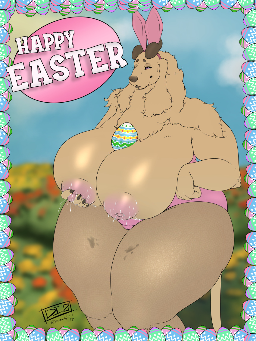 2019 absurd_res aldgoat anthro areola big_breasts breasts bunny_costume camel_toe clothing costume digital_media_(artwork) dizzyknight easter easter_egg egg ell_(character) fake_ears fake_rabbit_ears female final_fantasy final_fantasy_xiv fur hi_res holidays horn huge_breasts lactating legwear looking_at_viewer mammal nipples overweight pussy solo square_enix standing stockings text thick_thighs unitard video_games voluptuous wide_hips