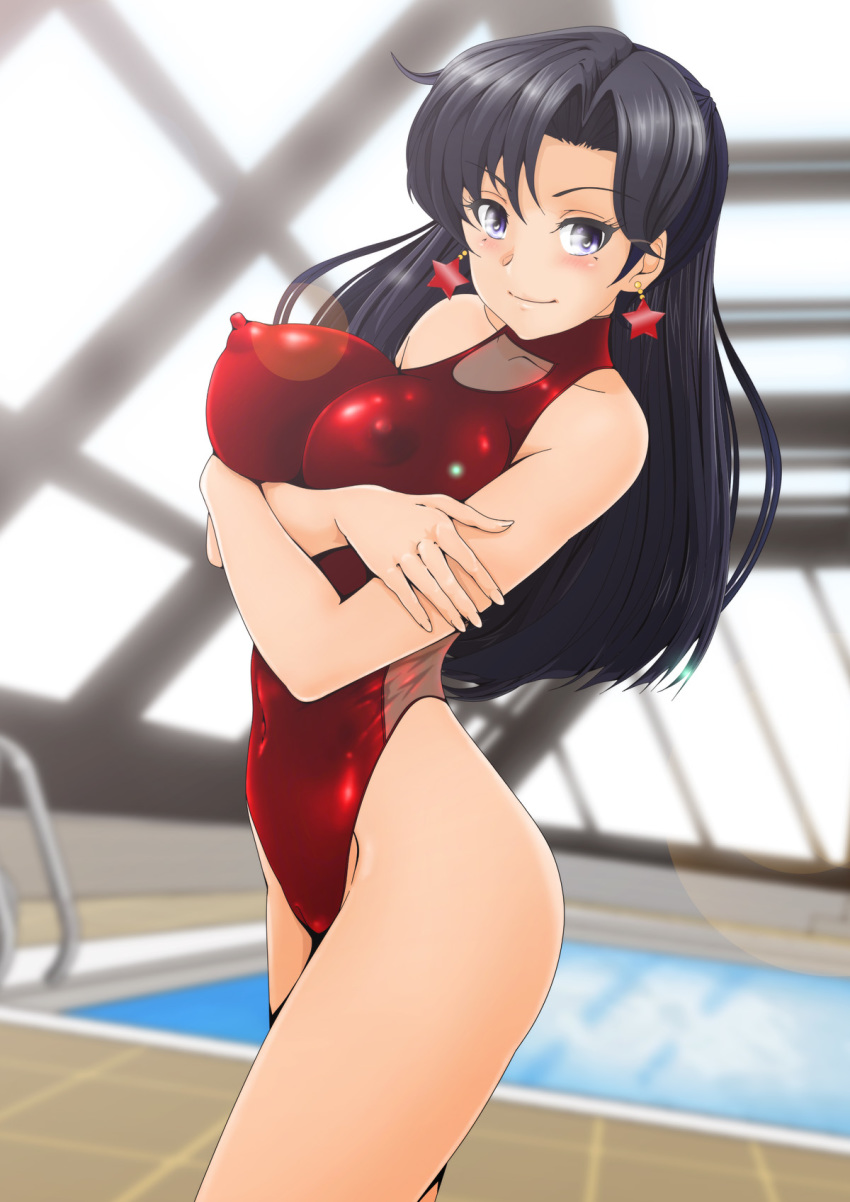 1girl backlighting bishoujo_senshi_sailor_moon black_eyes black_hair breasts collarbone_cutout covered_navel cowboy_shot day earrings erect_nipples eyebrows_visible_through_hair highres hino_rei impossible_clothes impossible_swimsuit jewelry large_breasts lens_flare long_hair looking_at_viewer nanashi_noiji one-piece_swimsuit pool rei_no_pool sailor_mars see-through smile solo standing star star_earrings swimsuit