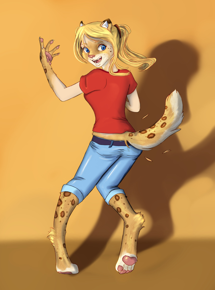 2018 absurd_res anthro barefoot blonde_hair blue_eyes breasts butt clothing felid female hair happy hi_res human_to_anthro jeans leopard mammal moomaid open_mouth pantherine pants pawpads ponytail rear_view shirt simple_background smile solo standing tahlia topwear transformation yellow_background