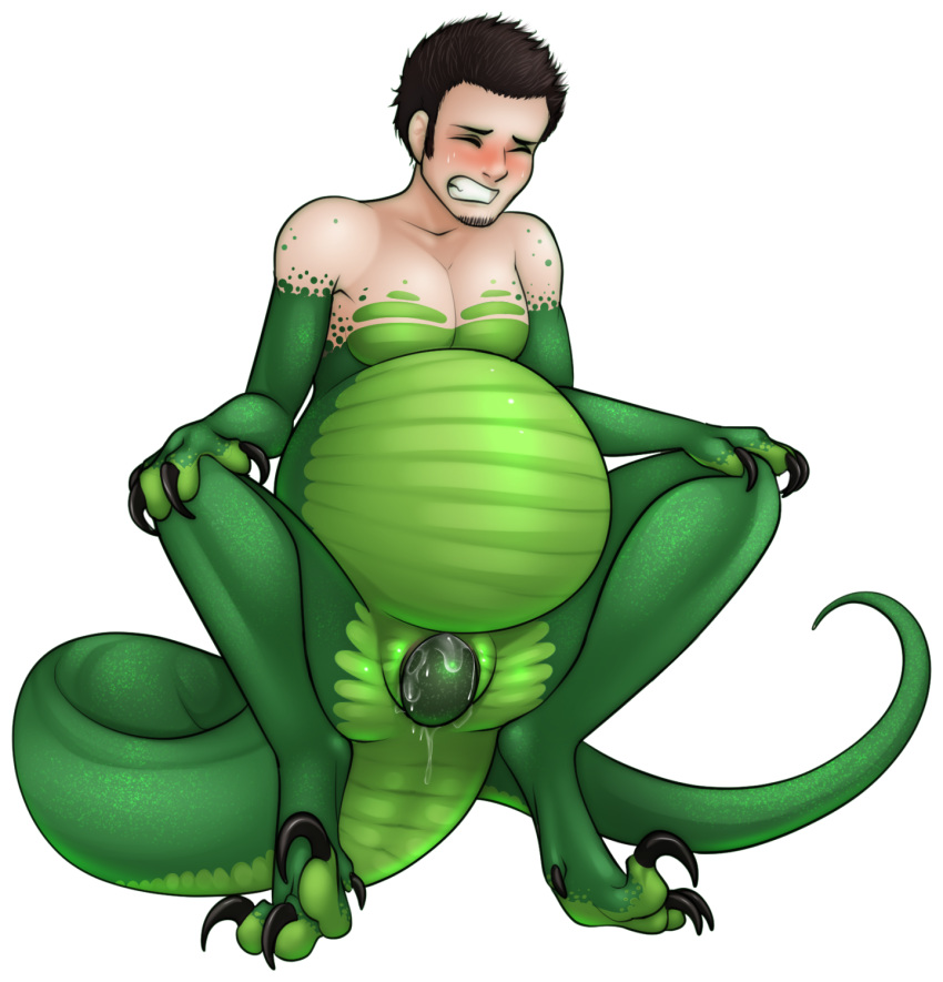 2019 alien anthro belly big_belly cuntboy dinosaur dromaeosaurid egg green_scales hi_res human_to_anthro intersex lizard madamsquiggles male_pregnancy mid_transformation oviposition pregnant reptile scales scalie thenomeking theropod transformation