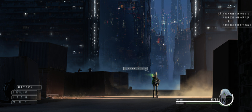 1girl 3others absurdres asuteroid black_jacket black_legwear black_shorts boots building city city_lights cityscape commentary_request container cyberpunk expressionless fake_screenshot fog glowing glowing_eyes green_eyes gun hair_between_eyes heads-up_display health_bar highres holding holding_gun holding_weapon hood iz_(asuteroid) jacket knee_boots long_hair long_sleeves multiple_others neon_trim night open_clothes open_jacket original outdoors science_fiction shadow shipping_container shirt shorts skyscraper solo_focus speech_bubble standing thighhighs weapon white_hair white_shirt wide_shot