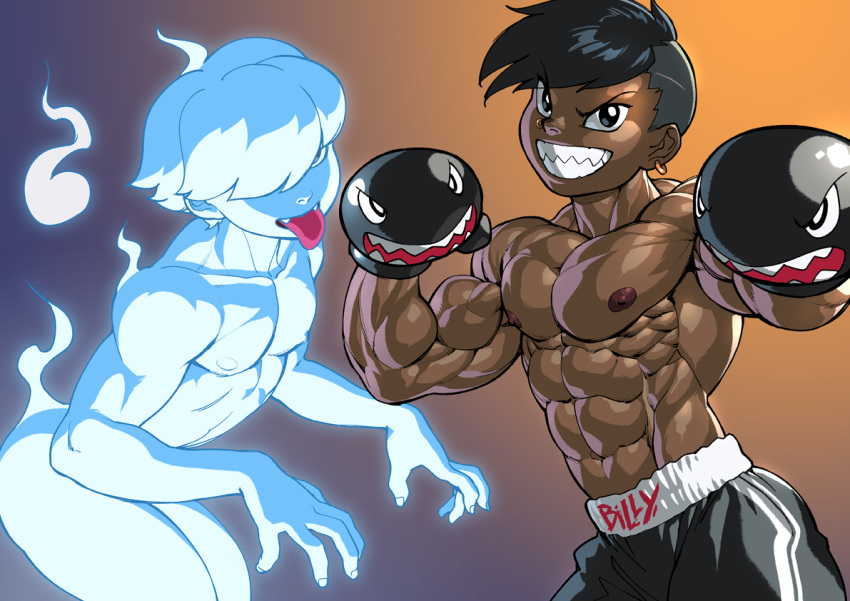 2boys abs black_hair boo boxing_gloves boxing_shorts bullet_bill dark_skin dark_skinned_male earrings fang ghost gradient gradient_background hair_over_eyes hitodama jewelry male_focus mario_(series) multiple_boys muscle nintendo nipples personification pokkuti shorts simple_background tongue tongue_out