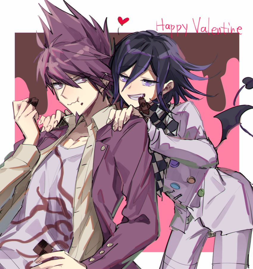 2boys beard black_wings chocolate collarbone commentary_request danganronpa demon_girl demon_tail demon_wings eyebrows_visible_through_hair facial_hair goatee hair_between_eyes hands_on_shoulders happy_valentine heart highres in_mouth jacket male_focus medium_hair momota_kaito multiple_boys nanin new_danganronpa_v3 ouma_kokichi pink_eyes pink_hair purple_hair purple_jacket shirt succubus tail white_jacket white_legwear white_shirt wings