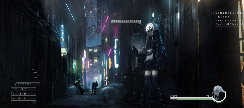 1girl 3others absurdres alley asuteroid black_footwear black_jacket black_legwear black_shorts boots building cityscape commentary cyberpunk dark fake_screenshot green_eyes heads-up_display highres holding holding_phone iz_(asuteroid) jacket lights long_hair long_sleeves multiple_others neon_lights night open_clothes open_jacket original outdoors phone scenery shirt shorts skyscraper sleeves_past_wrists solo_focus speech_bubble standing thighhighs translation_request very_long_hair white_hair white_shirt wide_shot window