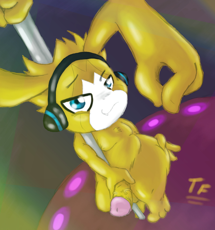 appmon_(species) big_ears blue_eyes dancing digimon digimon_(species) fennephilim_fox hand_on_butt hands_on_penis headphones hi_res humanoid_penis looking_at_viewer male musimon penis pole pole_dancing slightly_chubby smile teeth