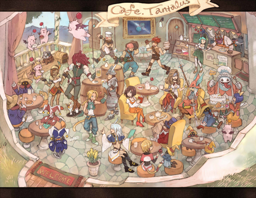 adelbert_steiner baku_(ff9) beatrix_(ff9) black_hair black_mage blank blonde_hair blue_eyes bodysuit breasts brown_eyes brown_hair cape cinna cleavage commentary_request eiko_carol everyone final_fantasy final_fantasy_ix freija_crescent garnet_til_alexandros_xvii gloves highres kuja lani long_hair marcus mare_(pixiv) mikoto_(ff9) moogle multiple_boys multiple_girls open_mouth orange_bodysuit quina_quen restaurant ruby_(ff9) salamander_coral short_hair smile tail thorn vivi_ornitier weapon zidane_tribal zorn