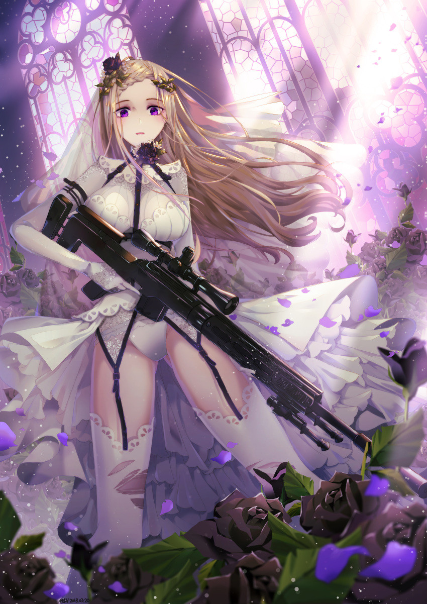 1girl absurdres breasts bridal_veil bride brown_hair dress flower garter_belt gun highres holding holding_gun holding_weapon indoors jii_dayday large_breasts long_hair looking_at_viewer original parted_lips purple_eyes rifle sniper_rifle thighhighs veil weapon wedding wedding_dress white_dress white_legwear