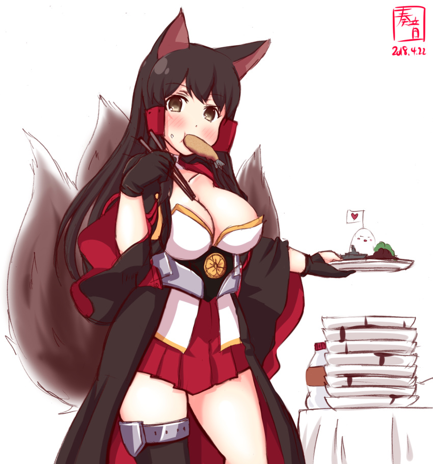 1girl akagi_(azur_lane) akagi_(azur_lane)_(cosplay) akagi_(kantai_collection) animal_ears artist_name asymmetrical_legwear azur_lane black_gloves black_hair black_kimono black_legwear breasts brown_eyes cleavage commentary_request contrapposto cosplay cowboy_shot crest dated eating food food_in_mouth fox_ears fox_girl fox_tail gloves hakama_skirt highres japanese_clothes kanon_(kurogane_knights) kantai_collection kimono kitsune large_breasts long_hair looking_at_viewer mouth_hold multiple_tails namesake partly_fingerless_gloves plate red_skirt revision shrimp shrimp_tempura simple_background single_thighhigh skirt solo straight_hair table tail tempura thighhighs white_background