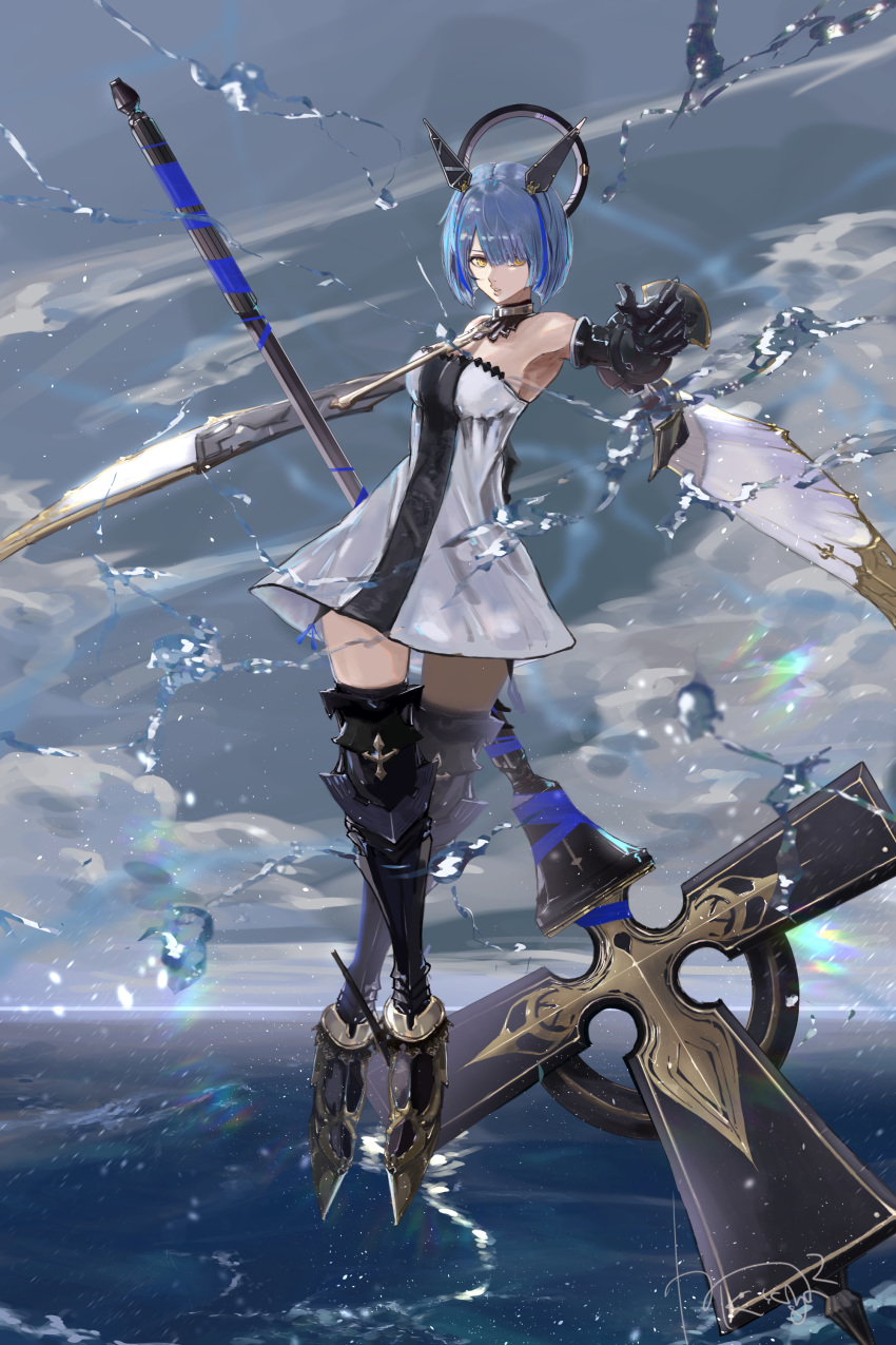 1girl absurdres azur_lane bangs bare_shoulders blue_hair blue_sky breasts choker cross_(weapon) crossed_legs day dress fleur_de_lis floating_headgear full_body gascogne_(azur_lane) gauntlets greaves hair_between_eyes hair_ornament headgear highres holding holding_cross kdm_(ke_dama) legs_crossed looking_at_viewer medium_breasts multicolored_hair outdoors rigging rudder_footwear short_hair sky solo splashing strapless strapless_dress streaked_hair thighhighs watson_cross weapon white_dress yellow_eyes