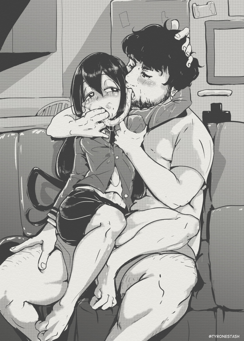 1boy 1girl artist_name asui_tsuyu beard believeinthetyrone black_eyes black_hair black_neckwear black_shorts blush boku_no_hero_academia breast_grab cabinet commentary couch crossover english_commentary facial_hair finger_in_mouth french_kiss frog_girl grabbing hand_in_another's_hair hand_on_another's_head hand_on_another's_hip heart heart-shaped_pupils hetero highres indoors jonathan_aryan_jafari kiss kitchen leg_hair long_hair long_tongue looking_at_another monochrome navel necktie pants partially_unbuttoned pleated_skirt refrigerator saliva school_uniform screentones shirt shorts sitting sitting_on_person skirt symbol-shaped_pupils t-shirt tongue tongue_out tongue_suck twitter_username u.a._school_uniform very_long_tongue watermark white_shirt