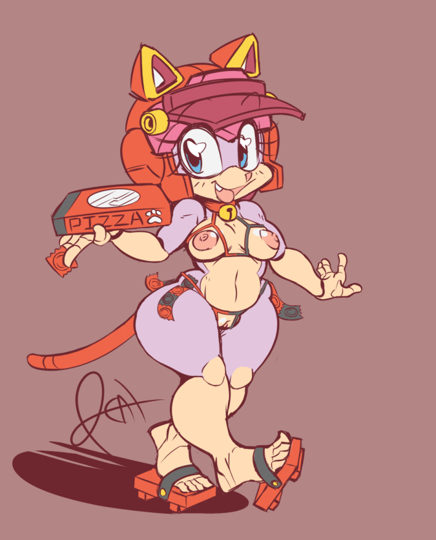 &lt;3 &lt;3_eyes anthro breasts clothing collar condom domestic_cat felid feline felis female footwear geta hat headgear headwear hi_res holding_condom holding_object japanese_clothing looking_at_viewer machine mammal mostly_nude nipples open_mouth pizzacat polly_esther pussy robot samurai_pizza_cats simple_background solo tongue