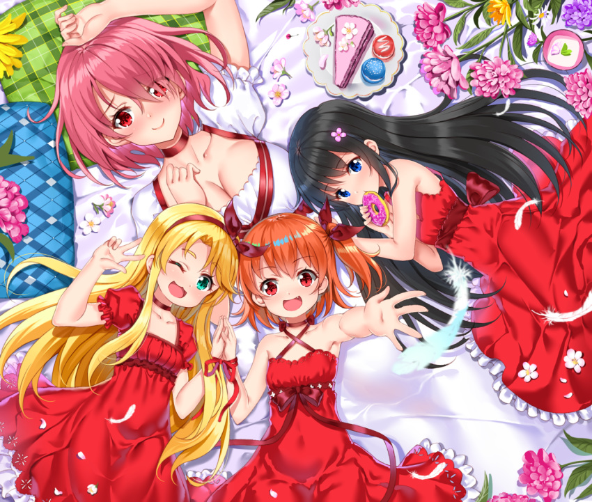 4girls arm_up bare_arms bare_shoulders bed_sheet black_hair blonde_hair blue_eyes blush breasts brown_hair cake choker cleavage closed_mouth collarbone commentary_request criss-cross_halter doughnut dress eating feathers fingernails flower food frilled_dress frills green_eyes hair_ribbon hairband halterneck hand_up hands_together happy_happy_friends himesaka_noa holding holding_food hoshino_hinata hoshino_miyako_(wataten) large_breasts long_hair lying macaron multiple_girls on_back on_side one_side_up outstretched_arm petals pillow pink_flower plate puffy_short_sleeves puffy_sleeves red_choker red_dress red_eyes red_hairband red_ribbon ribbon shirosaki_hana short_hair short_sleeves sleeveless sleeveless_dress slice_of_cake small_breasts smile swordsouls very_long_hair w watashi_ni_tenshi_ga_maiorita! white_dress white_feathers