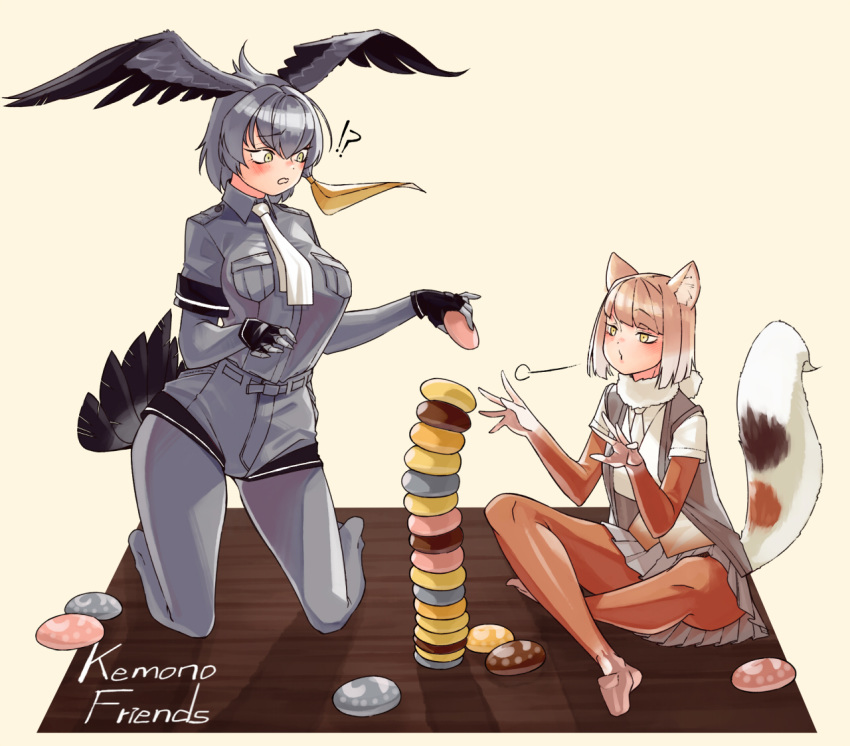 !? 2girls animal_ear_fluff animal_ears bangs beige_background belt bird_tail blonde_hair blowing blunt_bangs bodystocking breast_pocket commentary copyright_name english_commentary eyebrows_visible_through_hair fingerless_gloves food fox_ears fox_tail full_body fur_collar gloves grey_belt grey_hair grey_shirt grey_shorts head_wings japari_bun kemono_friends kneeling legs_crossed low_ponytail mabbakmoe multiple_girls necktie no_shoes o3o pantyhose pleated_skirt pocket shirt shoebill_(kemono_friends) short_hair short_sleeves shorts side_ponytail simple_background sitting skirt stack tail tibetan_sand_fox_(kemono_friends) white_neckwear yellow_eyes