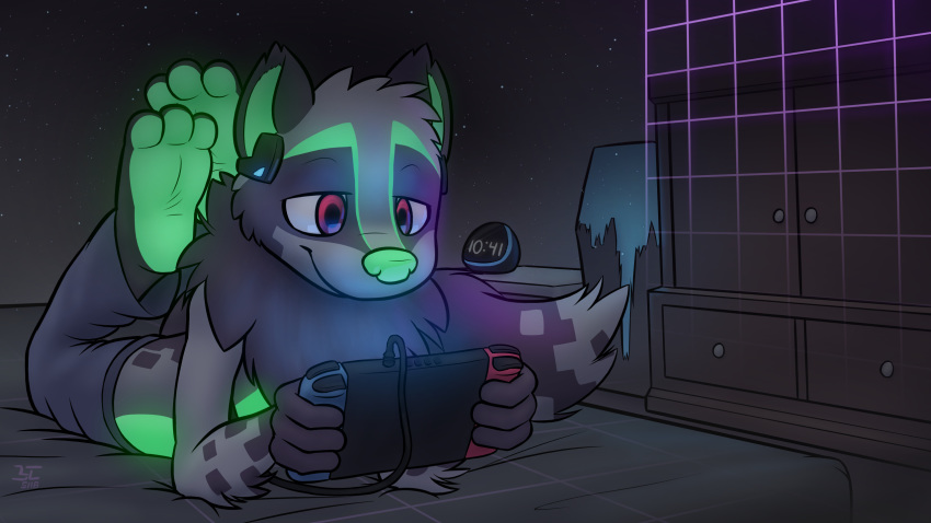 16:9 3_toes barefoot bed bioluminescence bitcoon bitcoon_(character) clock clothed clothing earbuds fur gaming glowing green_skin half-closed_eyes headphones hi_res male mammal nintendo nintendo_switch on_bed pants procyonid purple_fur raccoon red_eyes relaxing smile soles solo toes topless video_games