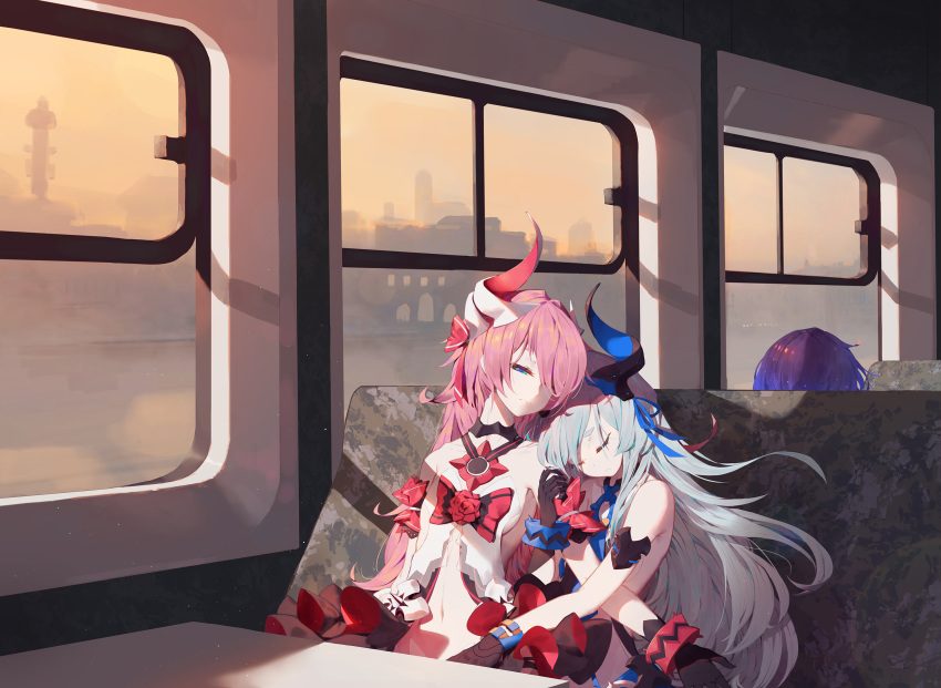 3girls arm_hug asa_ni_haru bare_shoulders black_gloves blue_eyes blue_hair blue_ribbon blush breasts choker cityscape dress eyebrows_visible_through_hair eyes_closed gloves ground_vehicle hair_between_eyes hair_ornament hair_ribbon hairclip highres honkai_(series) honkai_impact_3 interior liliya_olyenyey long_hair looking_at_viewer multiple_girls navel open_clothes open_dress pink_hair pink_ribbon ribbon rozaliya_olyenyey seele_vollerei sitting small_breasts sunset train