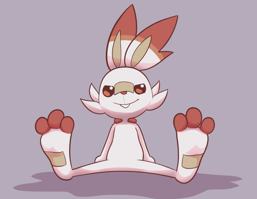 3_toes ambiguous_gender bitcoon featureless_crotch foot_focus hi_res hindpaw lagomorph leporid mammal nintendo paws pok&eacute;mon pok&eacute;mon_(species) rabbit scorbunny simple_background sitting smile smirk smug solo spread_legs spreading toes toony video_games