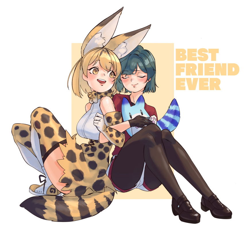 2girls :d animal_ear_fluff animal_ears bare_shoulders black_gloves black_legwear blonde_hair blush brown_eyes closed commentary elbow_gloves english_commentary english_text extra_ears eyebrows_visible_through_hair full_body gloves green_hair highres japari_symbol kaban_(kemono_friends) kemono_friends legwear_under_shorts locked_arms lucky_beast_(kemono_friends) mabbakmoe multiple_girls open_mouth pantyhose print_gloves print_legwear print_neckwear red_shirt serval_(kemono_friends) serval_ears serval_print serval_tail shirt short_hair shorts simple_background sitting sleeveless sleeveless_shirt smile tail thighhighs upper_teeth white_shirt