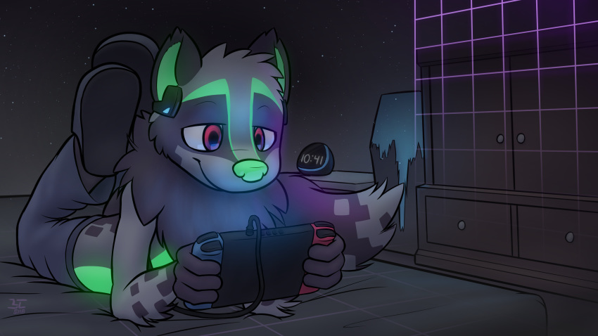 16:9 bed bioluminescence bitcoon bitcoon_(character) clock clothed clothing earbuds fur gaming glowing green_skin half-closed_eyes headphones hi_res male mammal nintendo nintendo_switch on_bed pants procyonid purple_fur raccoon red_eyes relaxing slippers smile solo topless video_games