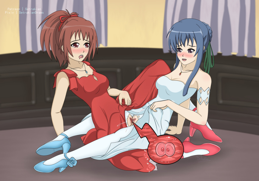&eacute;toile 2girls aoi_nagisa arm_support blue_hair blue_necklace blue_shoes blush breasts clothed_sex couple dress dress_lift eye_contact fertilization flower green_ribbon hair_bun hair_ornament high_heels impregnation jewelry leaning_back long_hair looking_at_another medium_breasts multiple_girls mutual_impregnation necklace no_panties ovum pantyhose pussy_juice red_dress red_hair red_necklace red_ribbon red_shoes ribbon setrakian_draws strawberry_panic strawberry_panic! suzumi_tamao tied_hair torn_clothes torn_pantyhose tribadism uncensored white_dress yuri
