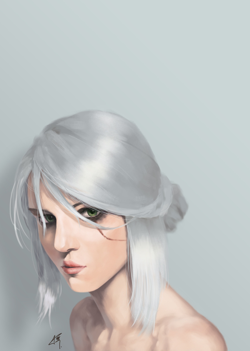 1girl absurdres acooc bare_shoulders ciri close-up eyeshadow face green_eyes grey_background hair_bun highres lips looking_at_viewer makeup mascara nose portrait realistic scar scar_across_eye signature silver_hair solo the_witcher the_witcher_3 updo
